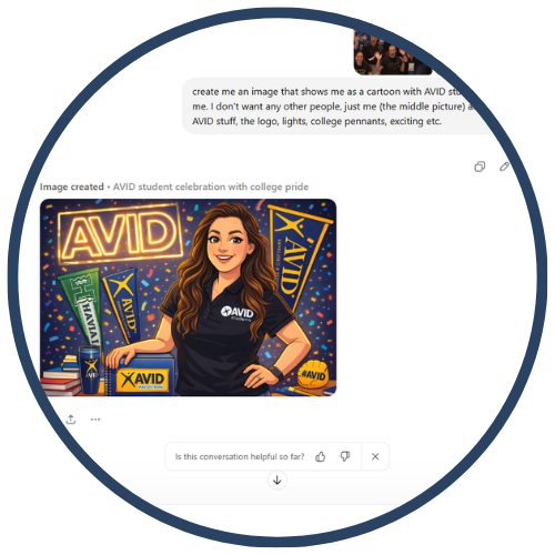 Cartoon image of a person celebrating AVID, surrounded by AVID logos and college pennants.