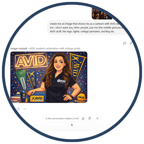 Cartoon image of a person celebrating AVID, surrounded by AVID logos and college pennants. Cartoon image of a person celebrating AVID, surrounded by AVID logos and college pennants.
