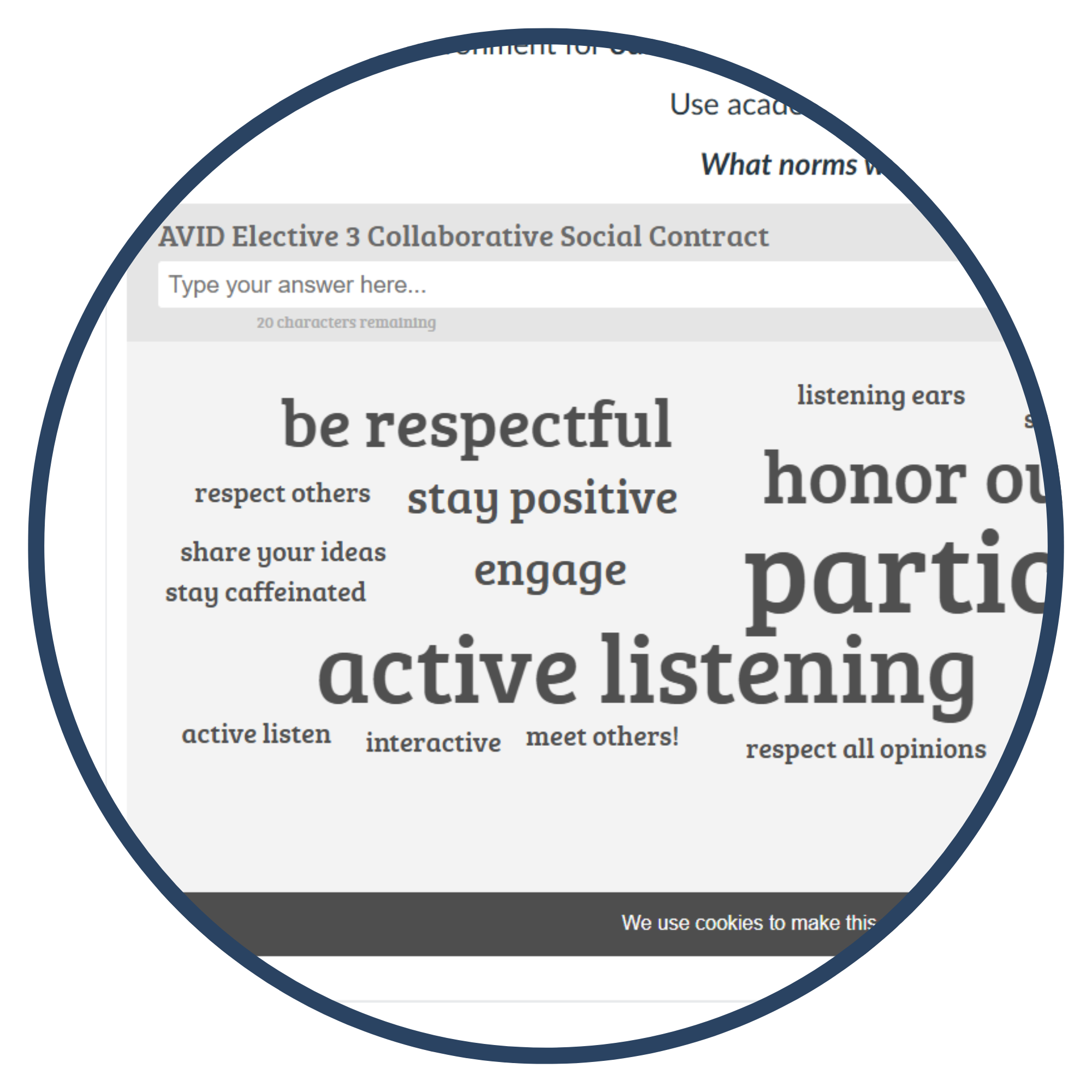 A word cloud related to a collaborative social contract in an educational context, containing words like 'be respectful', 'stay positive', 'active listening', and others encouraging positive behavior.