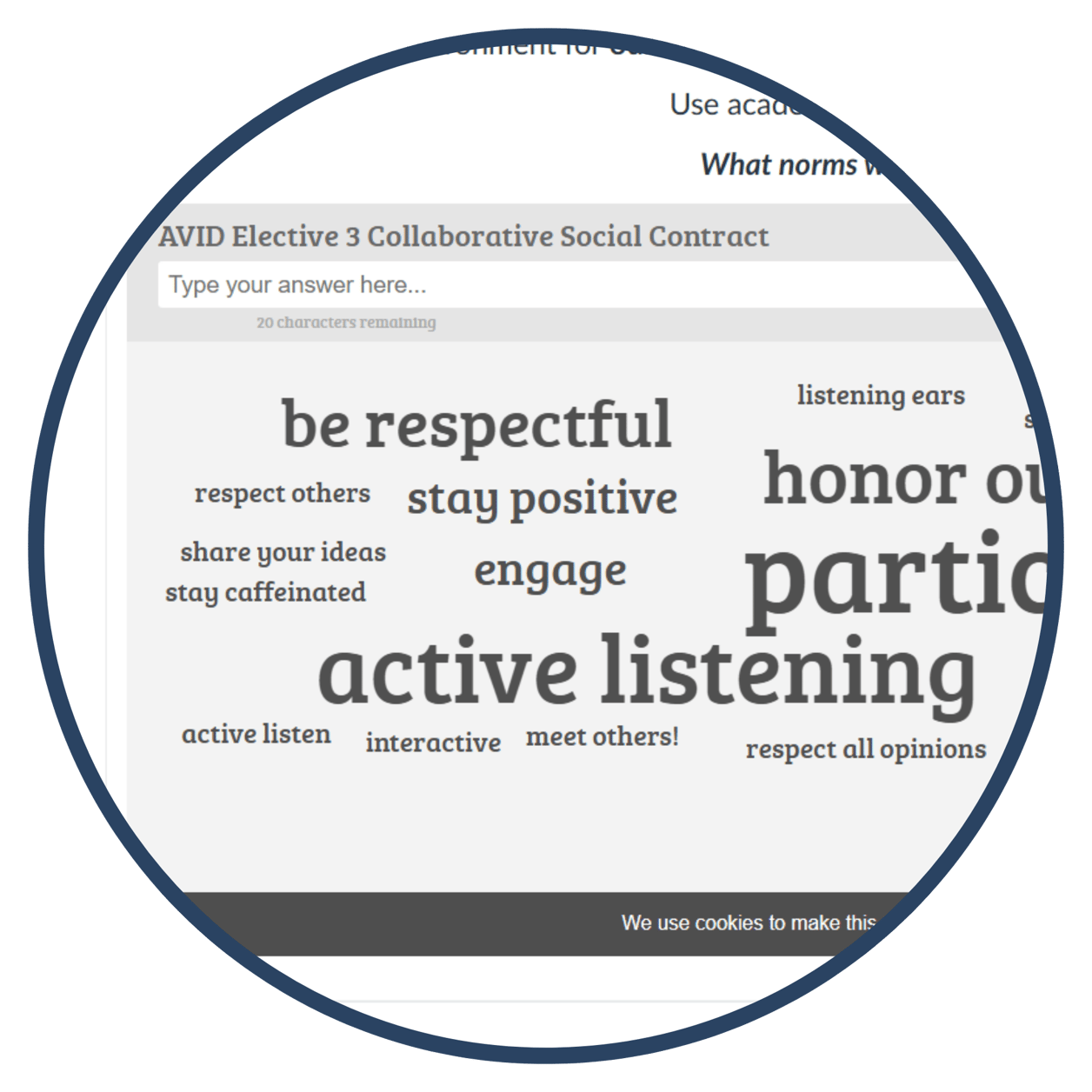 A word cloud related to a collaborative social contract in an educational context, containing words like 'be respectful', 'stay positive', 'active listening', and others encouraging positive behavior. A word cloud related to a collaborative social contract in an educational context, containing words like 'be respectful', 'stay positive', 'active listening', and others encouraging positive behavior.