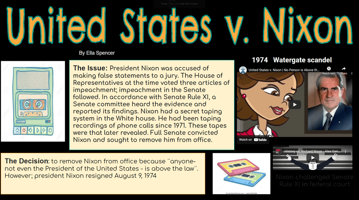 A graphic discussing the United States v. Nixon case, featuring text and images related to the Watergate scandal, the impeachment articles, and the decision for President Nixon to resign. A graphic discussing the United States v. Nixon case, featuring text and images related to the Watergate scandal, the impeachment articles, and the decision for President Nixon to resign.