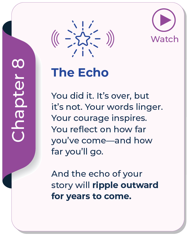 A card for Chapter 8 titled 'The Echo' with a motivational message about courage and the lasting impact of words.