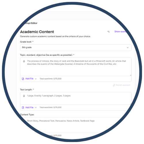 Screenshot of an academic content generation tool, displaying options for grade level, topic objectives, text length, and content type.