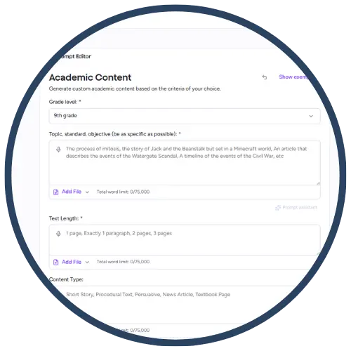 Screenshot of an academic content generation tool, displaying options for grade level, topic objectives, text length, and content type. Screenshot of an academic content generation tool, displaying options for grade level, topic objectives, text length, and content type.