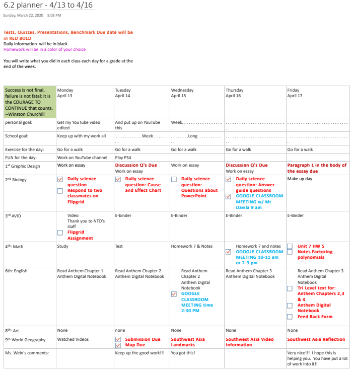 Weekly planner for assignments and activities including school subjects, personal goals, and exercise routines. Weekly planner for assignments and activities including school subjects, personal goals, and exercise routines.