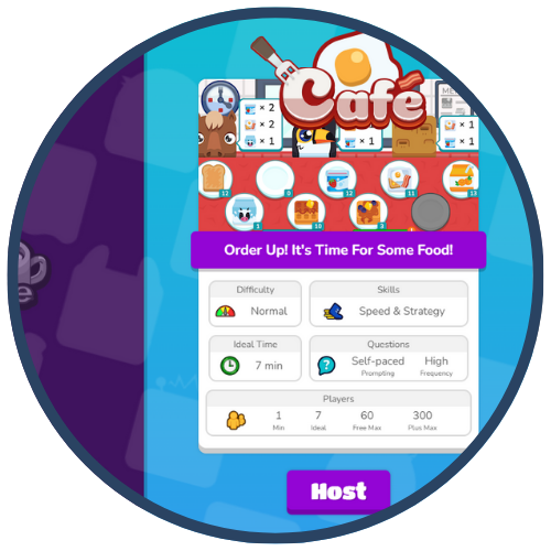 Screenshot of a game interface titled 'Cafe' displaying difficulty level, skills, ideal time, questions frequency, and player details.