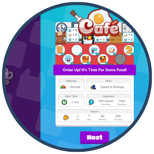 Screenshot of a game interface titled 'Cafe' displaying difficulty level, skills, ideal time, questions frequency, and player details. Screenshot of a game interface titled 'Cafe' displaying difficulty level, skills, ideal time, questions frequency, and player details.