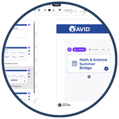 A screenshot of a webpage editor showing the editing interface for an educational program titled 'Math & Science Summer Bridge' by AVID, with tools and options on the sidebar.