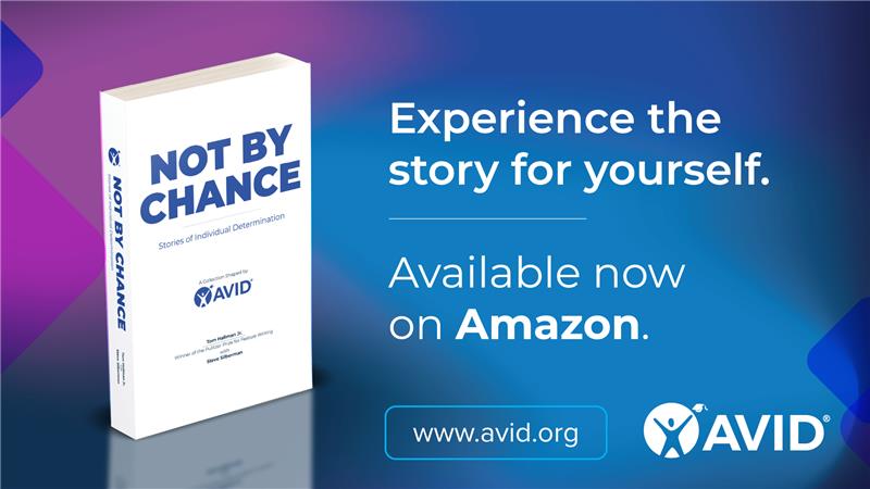 Promotional image for the book 'Not By Chance' by AVID, available on Amazon.