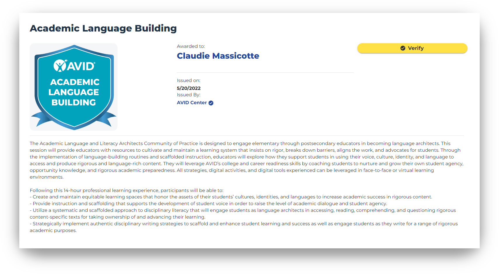 Certificate for Academic Language Building awarded by AVID Center to Claudie Massicotte on May 20, 2022.