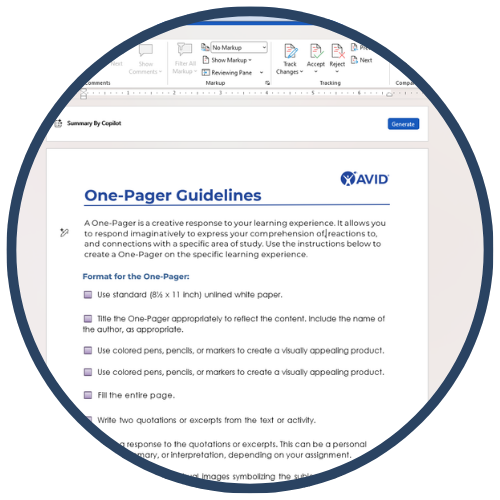 Screenshot of a document titled 'One-Pager Guidelines' with instructions on how to create a one-pager for a learning experience.