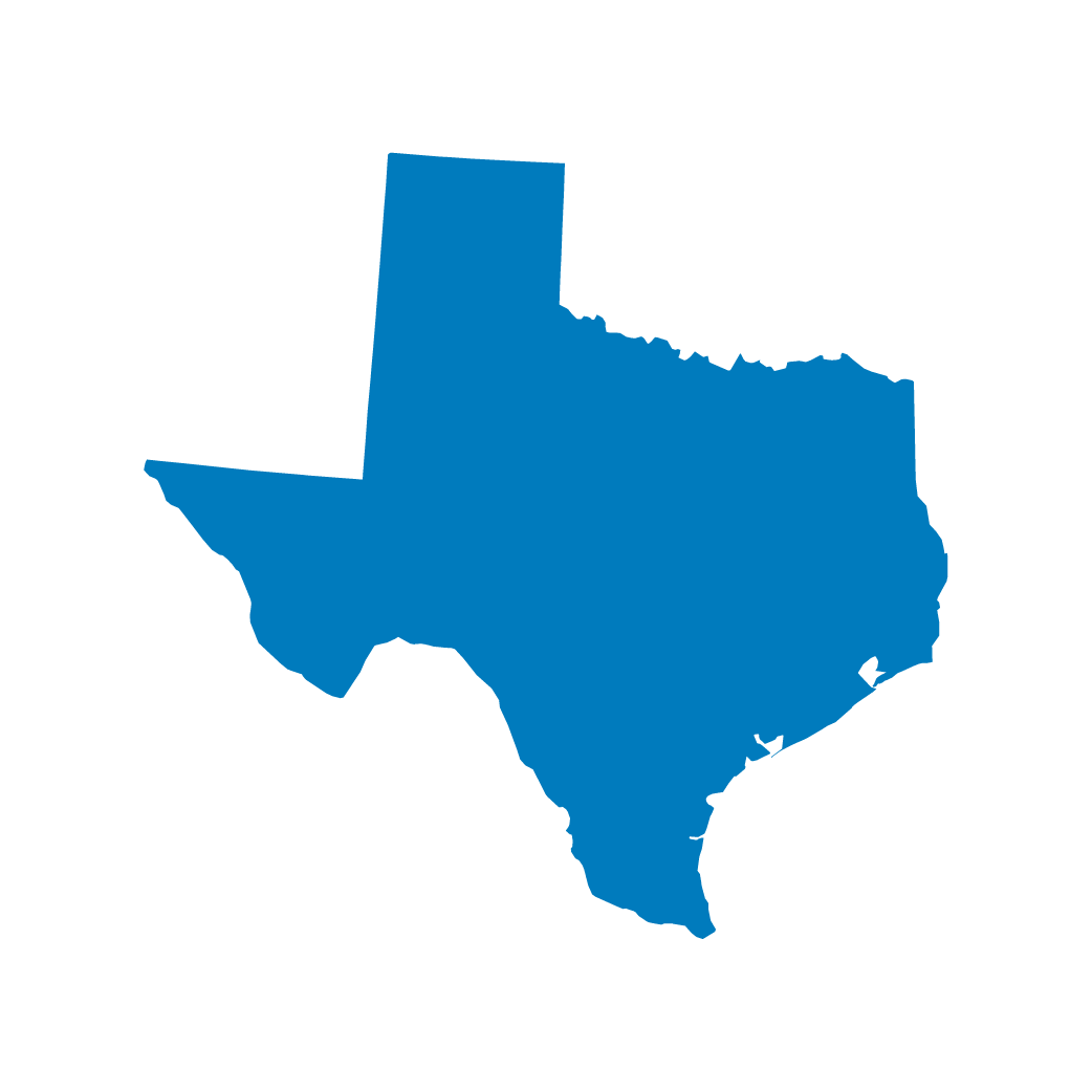 Blue silhouette of the state of Texas on a black background.