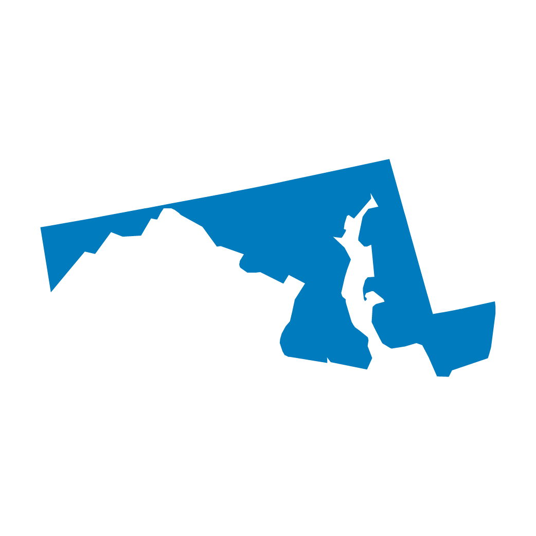 Outline map of the state of Maryland colored in blue.