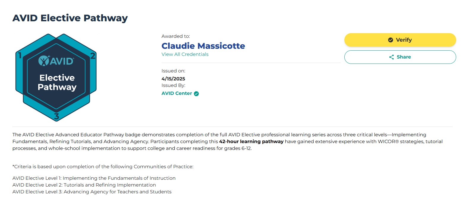 A certificate titled 'AVID Elective Pathway' awarded to Claudie Massicotte, issued by AVID Center on 4/15/2025. The certificate indicates completion of a 42-hour learning pathway covering various educational modules.