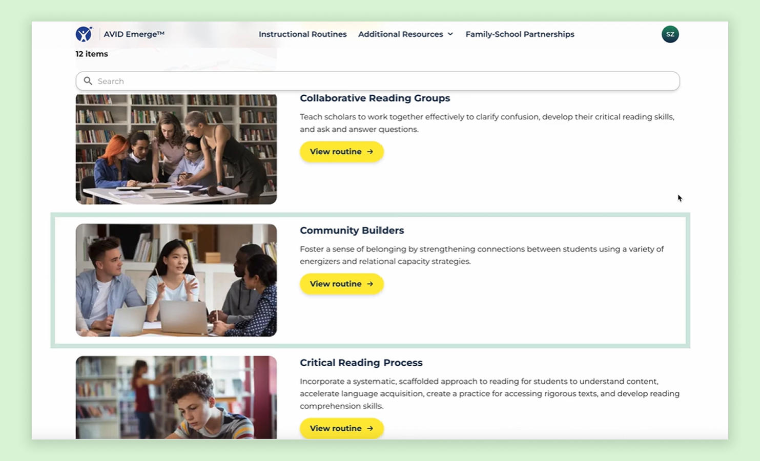 Website interface displaying three sections: Collaborative Reading Groups, Community Builders, and Critical Reading Process, each accompanied by images of people engaging in group activities.