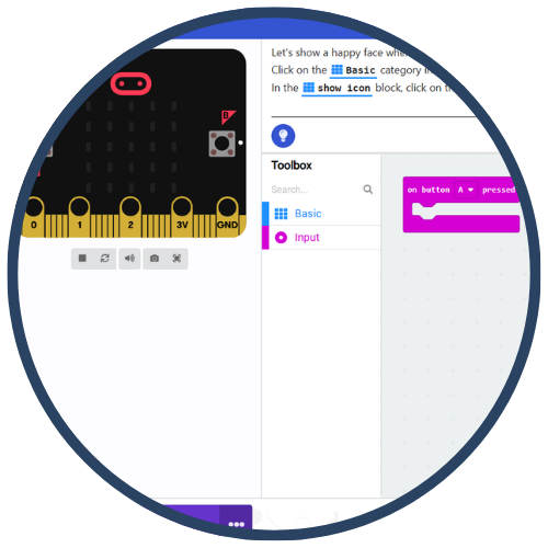 Screenshot of a graphical programming interface showing a microcontroller board and coding blocks.
