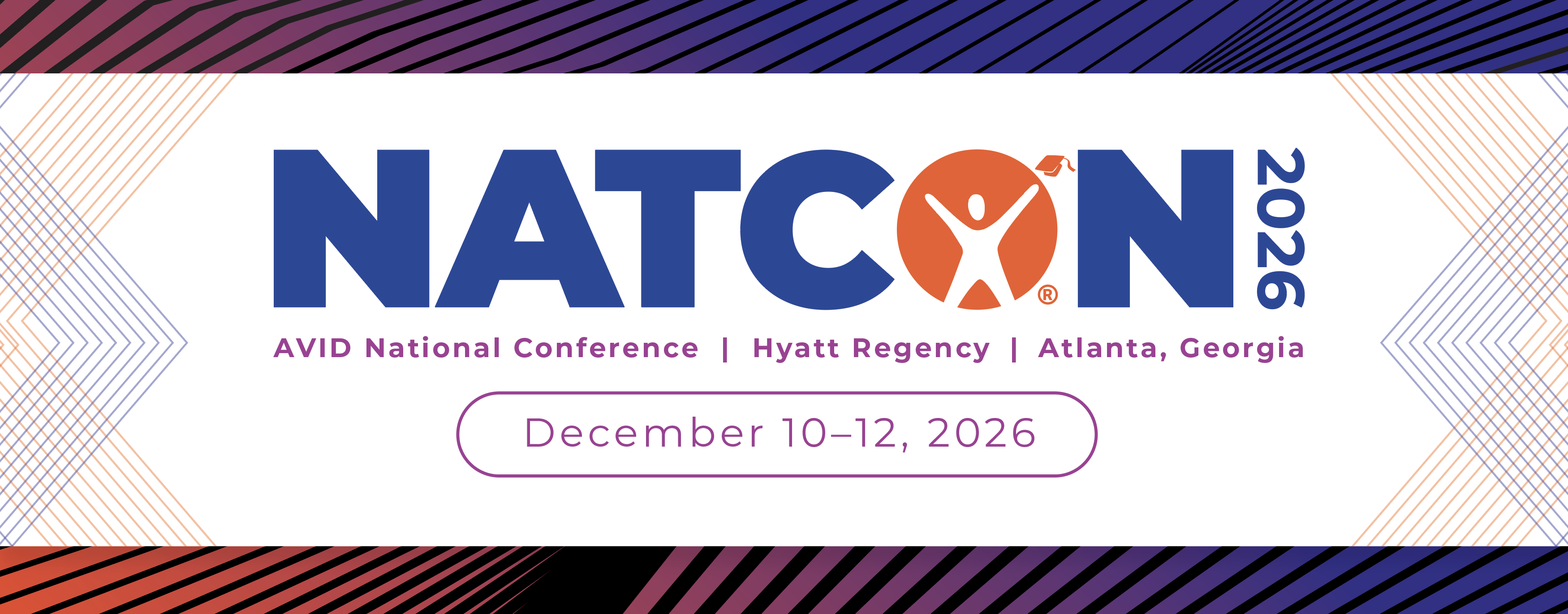 Banner for the AVID National Conference (NATCON) 2026, scheduled to take place from December 10–12, 2026 at the Hyatt Regency in Atlanta, Georgia. The banner has geometric line patterns in the background with blue text and a logo featuring a person with a graduation cap.