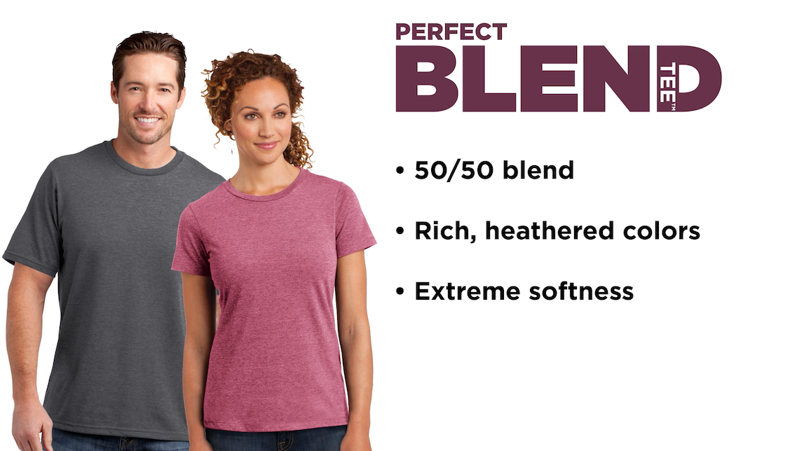 Perfect Blend Tee is a 50/50 blend with rich heathered colors and extreme softness. White male in a grey t-shirt and brown woman in a heather red ladies fit t-shirt