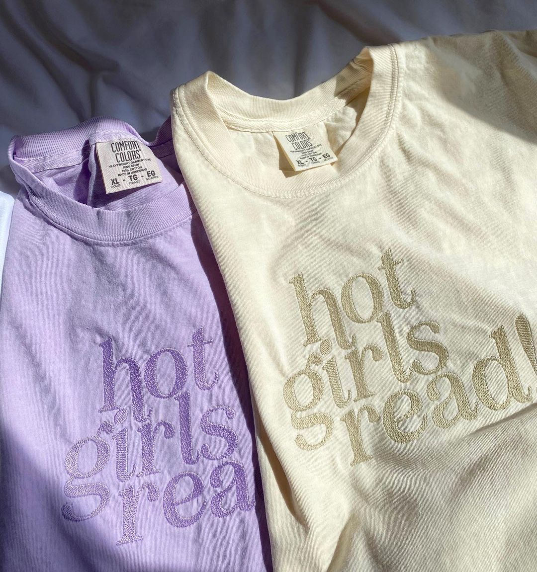 Hot Girls Read! embroidered on the front of a Comfort Colors T-Shirt from presshall.com