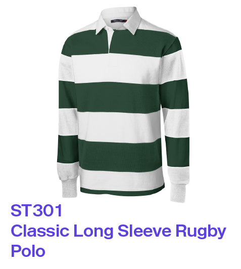 ST301 Sport-Tek Classic Long Sleeve Rugby Polo in navy green and white stripes