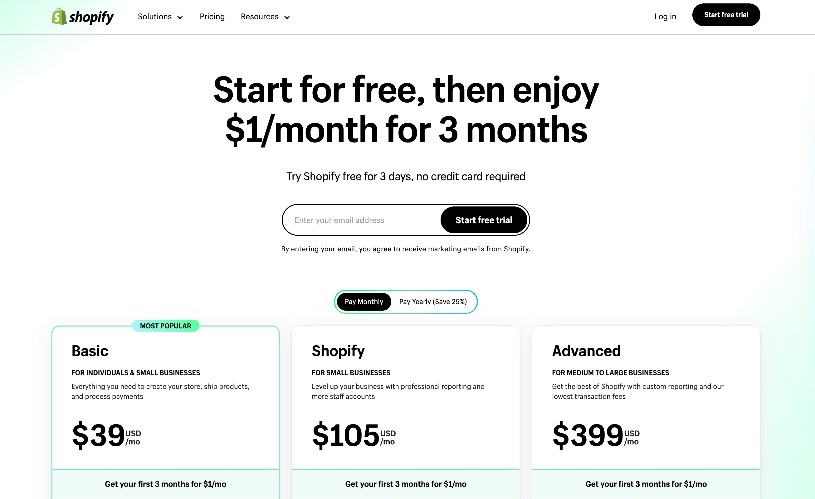 Screen shot of the pricing plans for Shopify