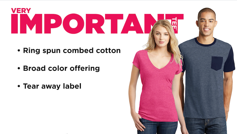 Very Important Tee have ring spun combed cotton, broad color offering, and tear away label. Photo of women in pink v-neck and man in pocket tee.