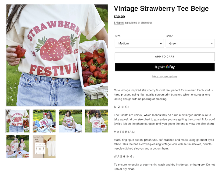 Screen shot of Vintage Strawberry Tee Beige in Megan's Etsy Shop