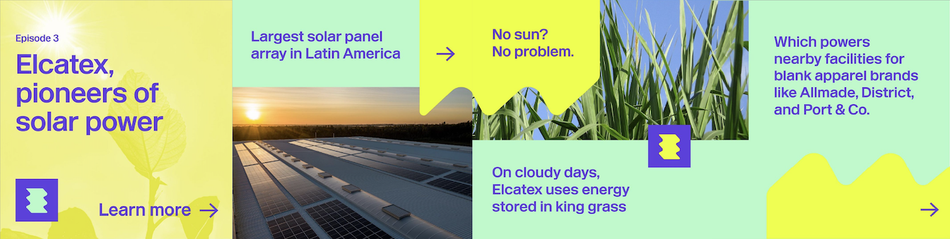 Flowchart showcasing Elcatex which is the largest solar panel array in Latin America and powers the Allmade facility.