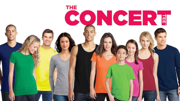 The Concert Tee with a group photo of men, women, and children wearing a t-shirt, tank top, and long sleeve.