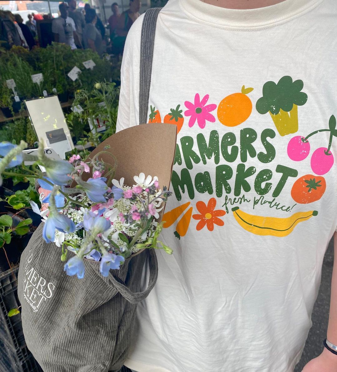 Farmers Market printed on a white t-shirt from presshall.com and embroidered on a corduroy grey tote.