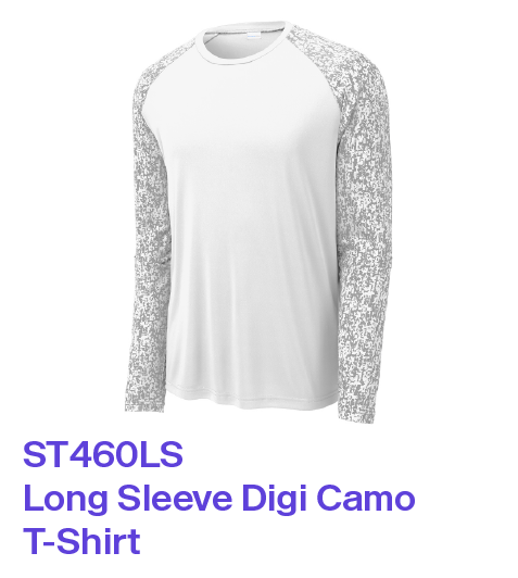 ST460LS Sport-Tek Long Sleeve Digi Camo T-shirt in white with white camo print sleeves