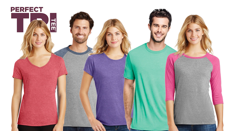 Perfect Tri Tee text behind a group photo of white men and women wearing a 3/4 shirt, t-shirts, and v-neck shirt.