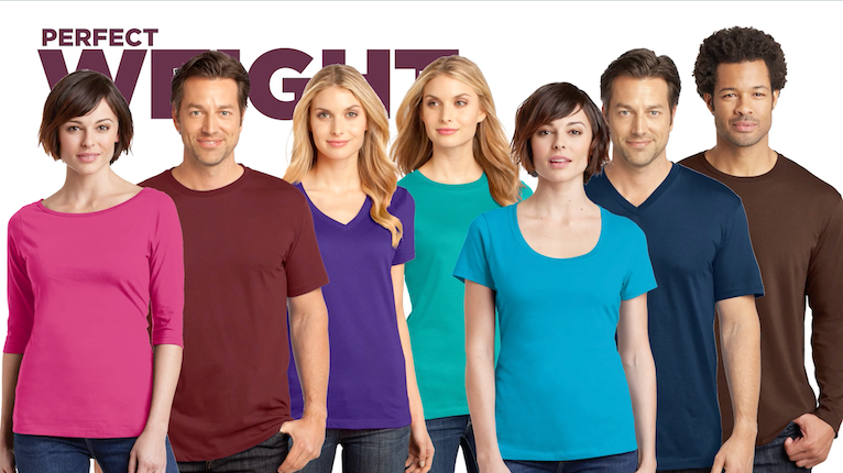 Perfect Weight text behind a group photo of men and women in t-shirts, long sleeve shirts, and v-neck shirts.