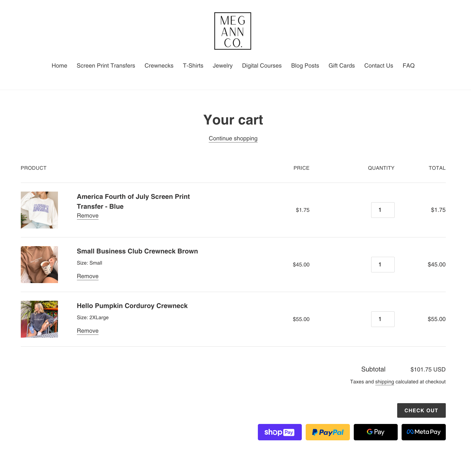 Screen shot of the items added to the cart with different payment options listed at the bottom of the page.