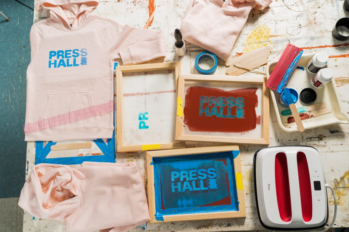 Flat lay of all the materials needed for screen printing.