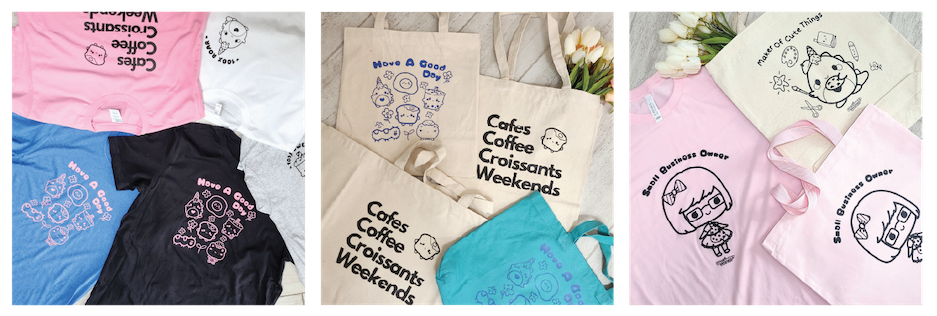 3 grid images of decorated t-shirts and tote bags.