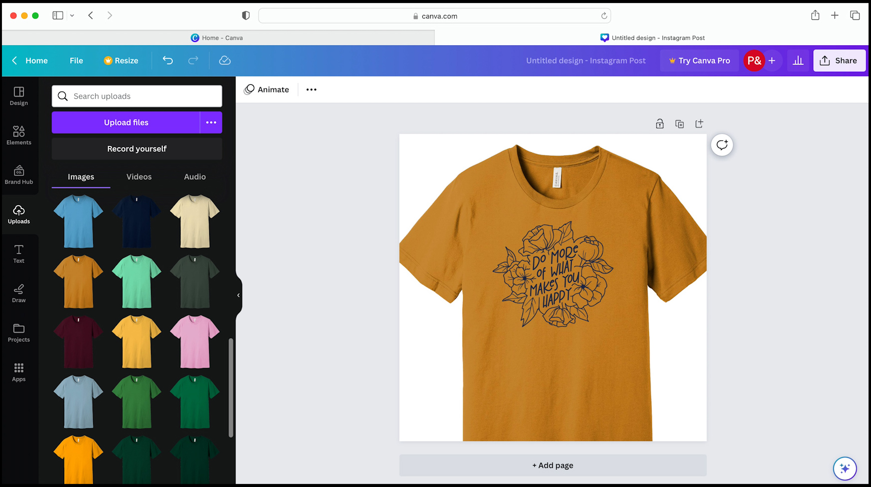 Adding your a design on top of a t-shirt on Canva