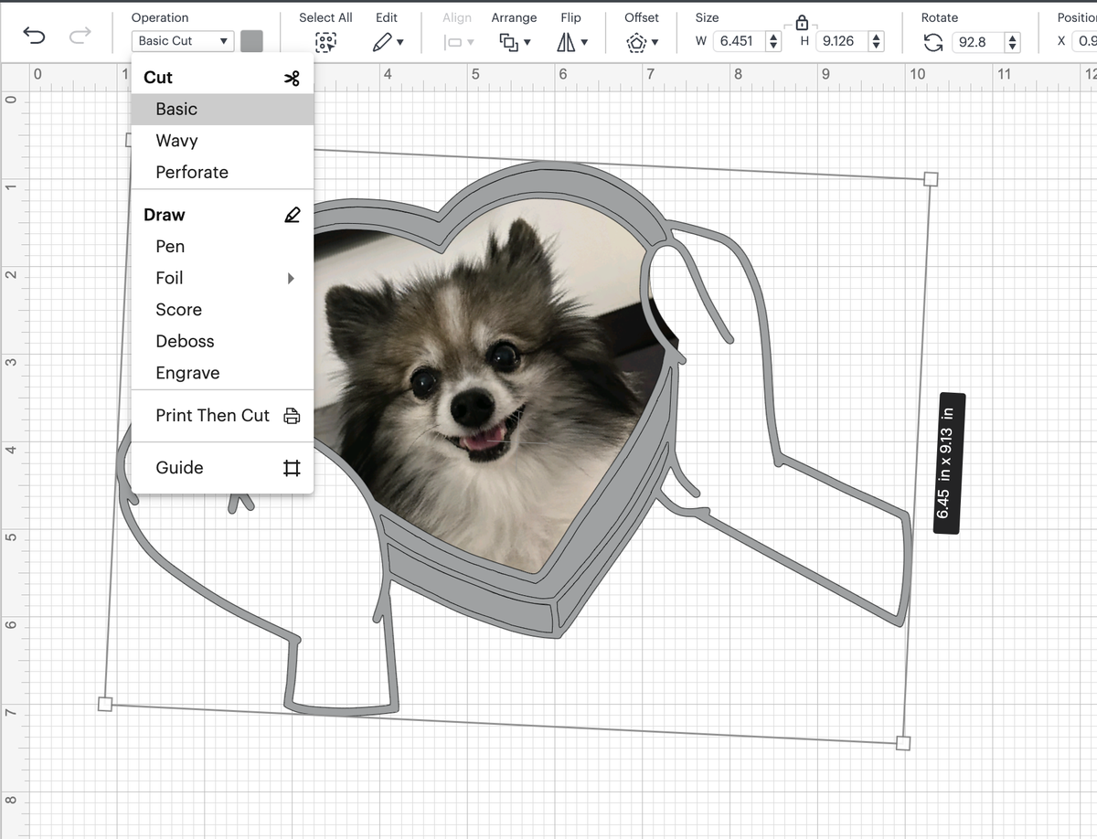 Selecting Print Then Cut for the sublimation design image of a black and white Pomeranian.