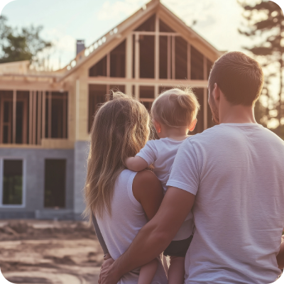 Family standing in front of home under construction