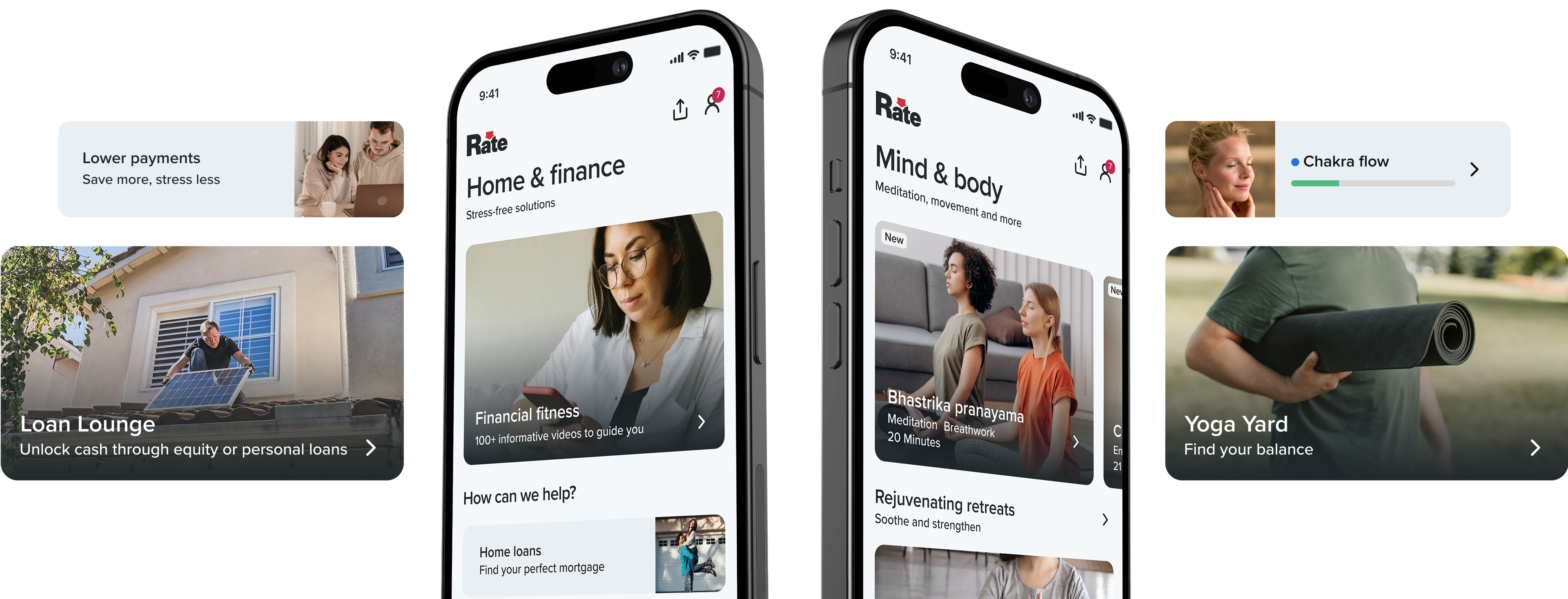 Two iphones and some content panels featuring a series of yoga and wellness themed content juxtaposed with financial wellness content