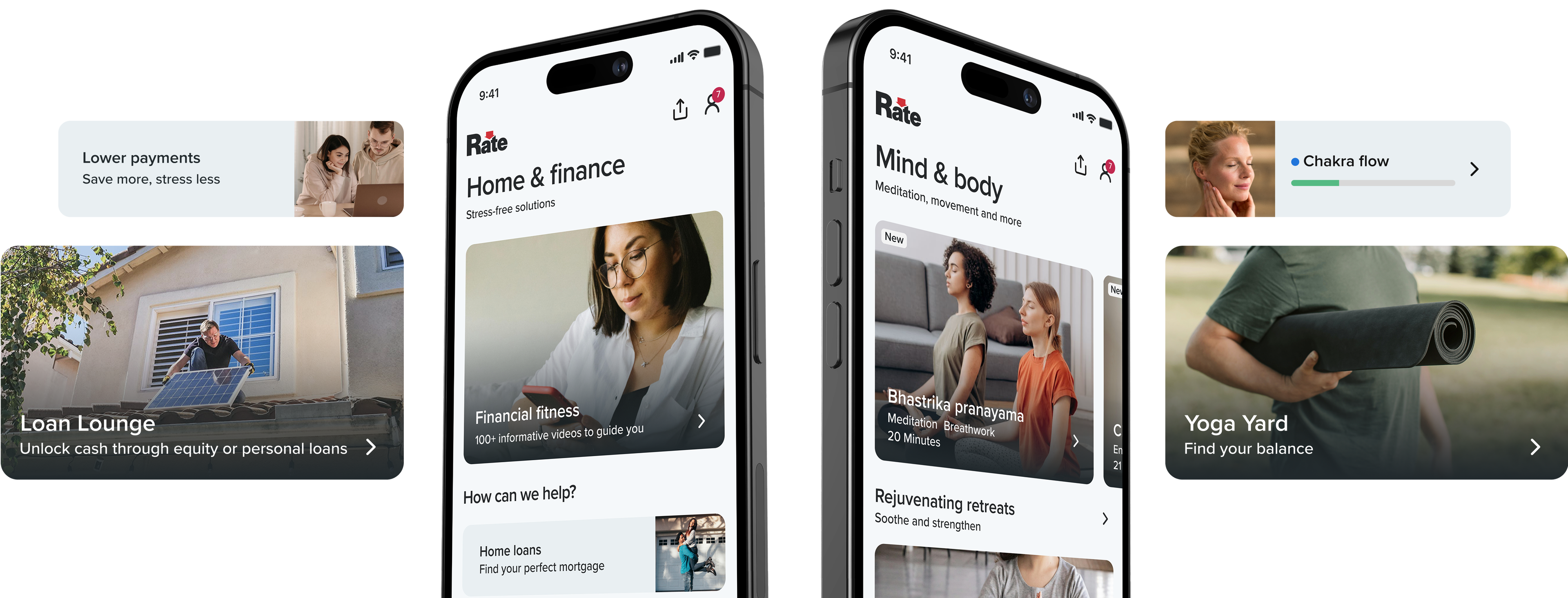Two iphones and some content panels featuring a series of yoga and wellness themed content juxtaposed with financial wellness content