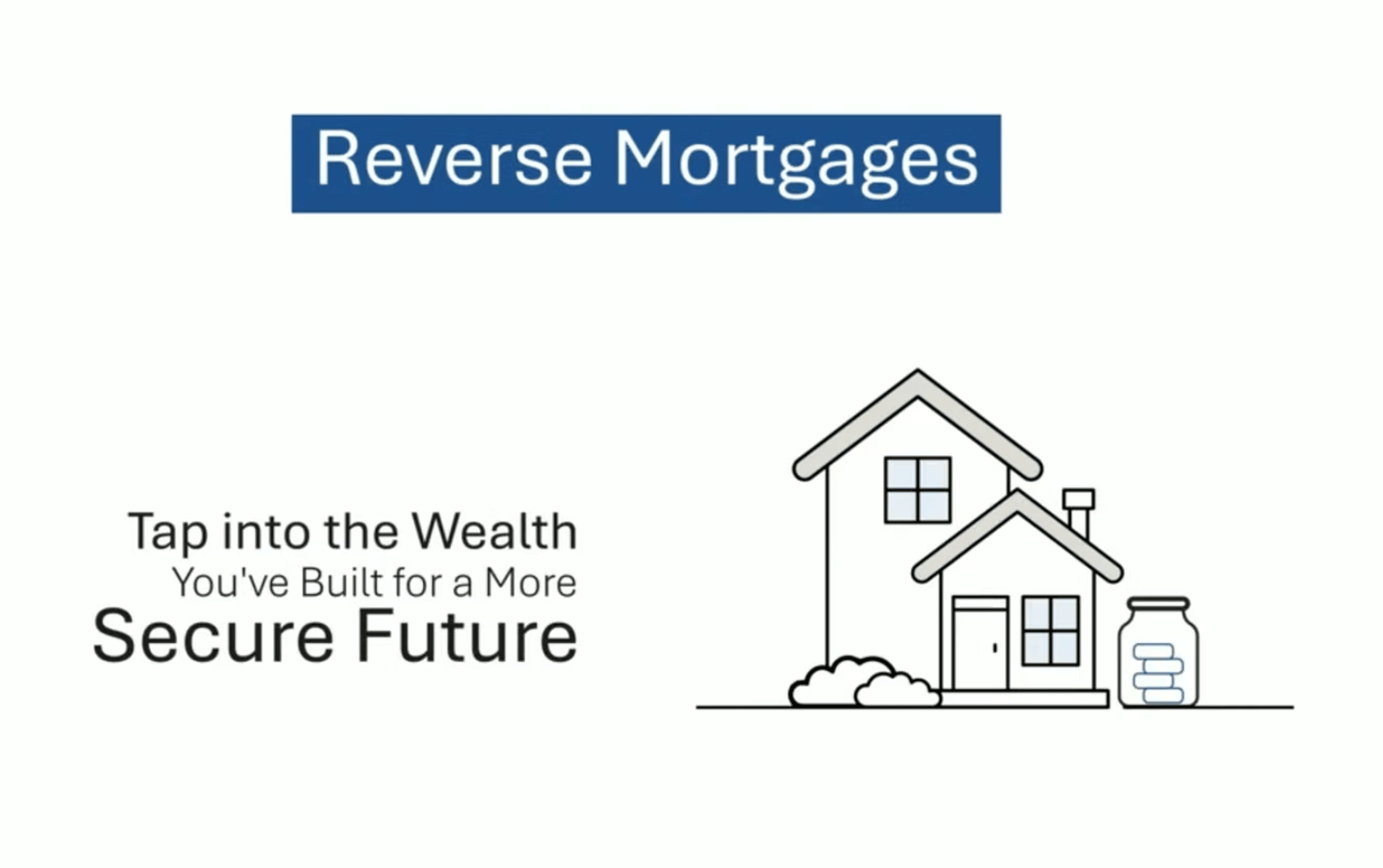 Reverse Mortgages video screen that says "Reverse Mortgages: Tap into the wealth you've built for a more secure future"