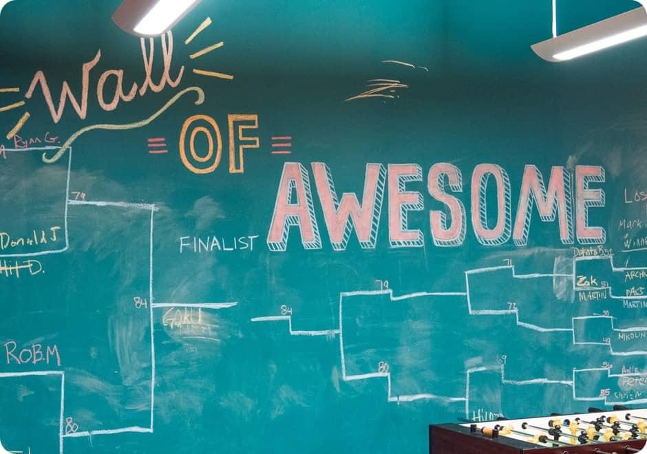 A chalkboard with the phrase "wall of awesome" written on it.