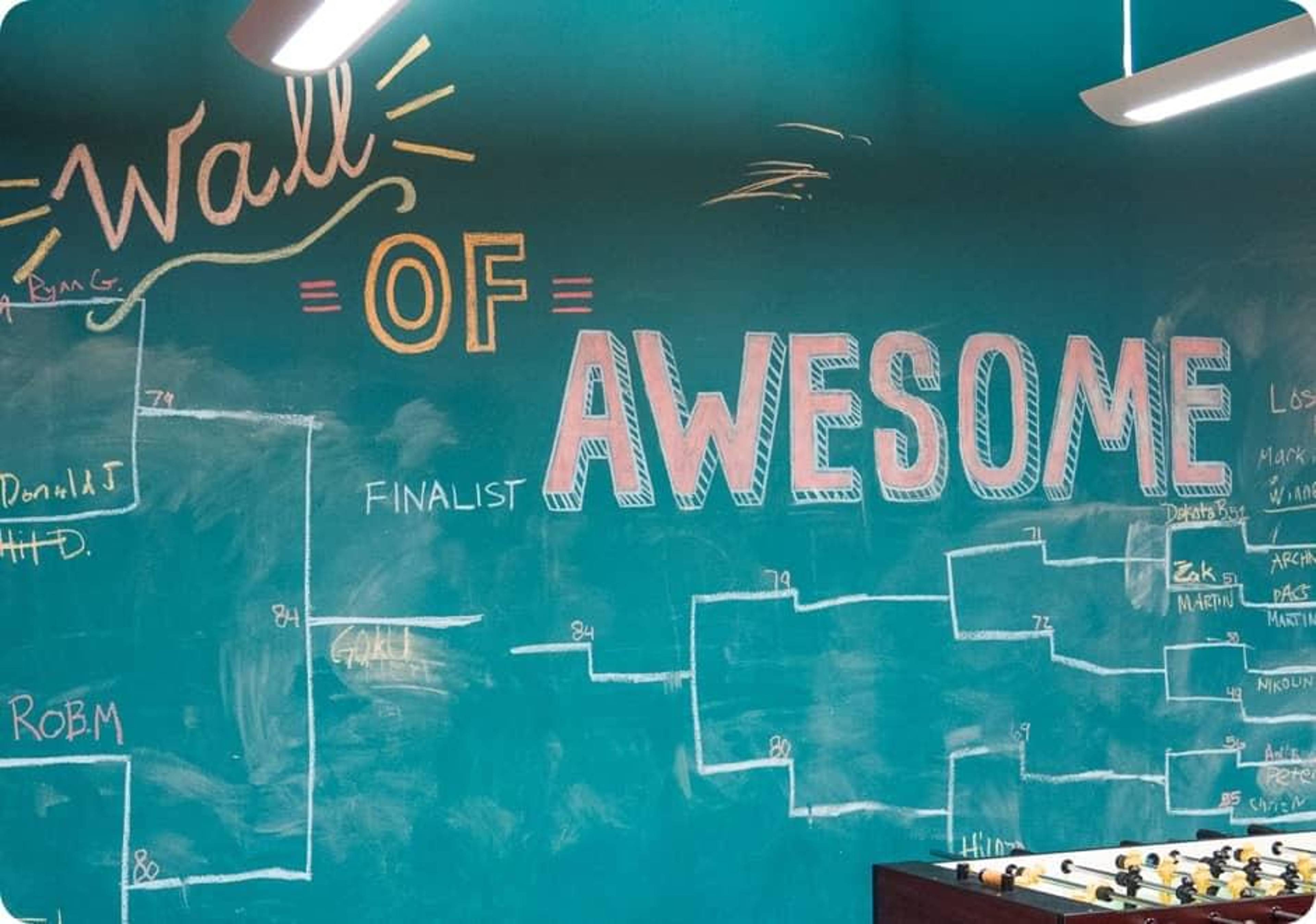 A chalkboard with the phrase "wall of awesome" written on it.