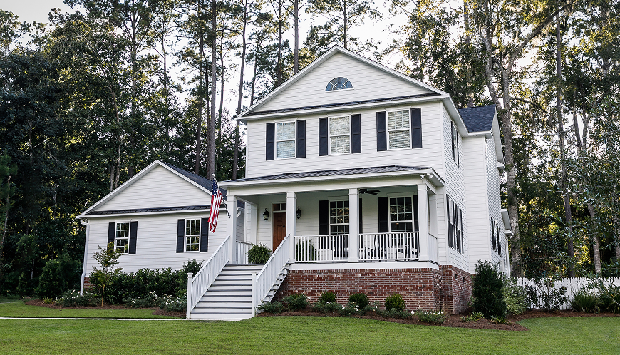 A two-story house with a basement.