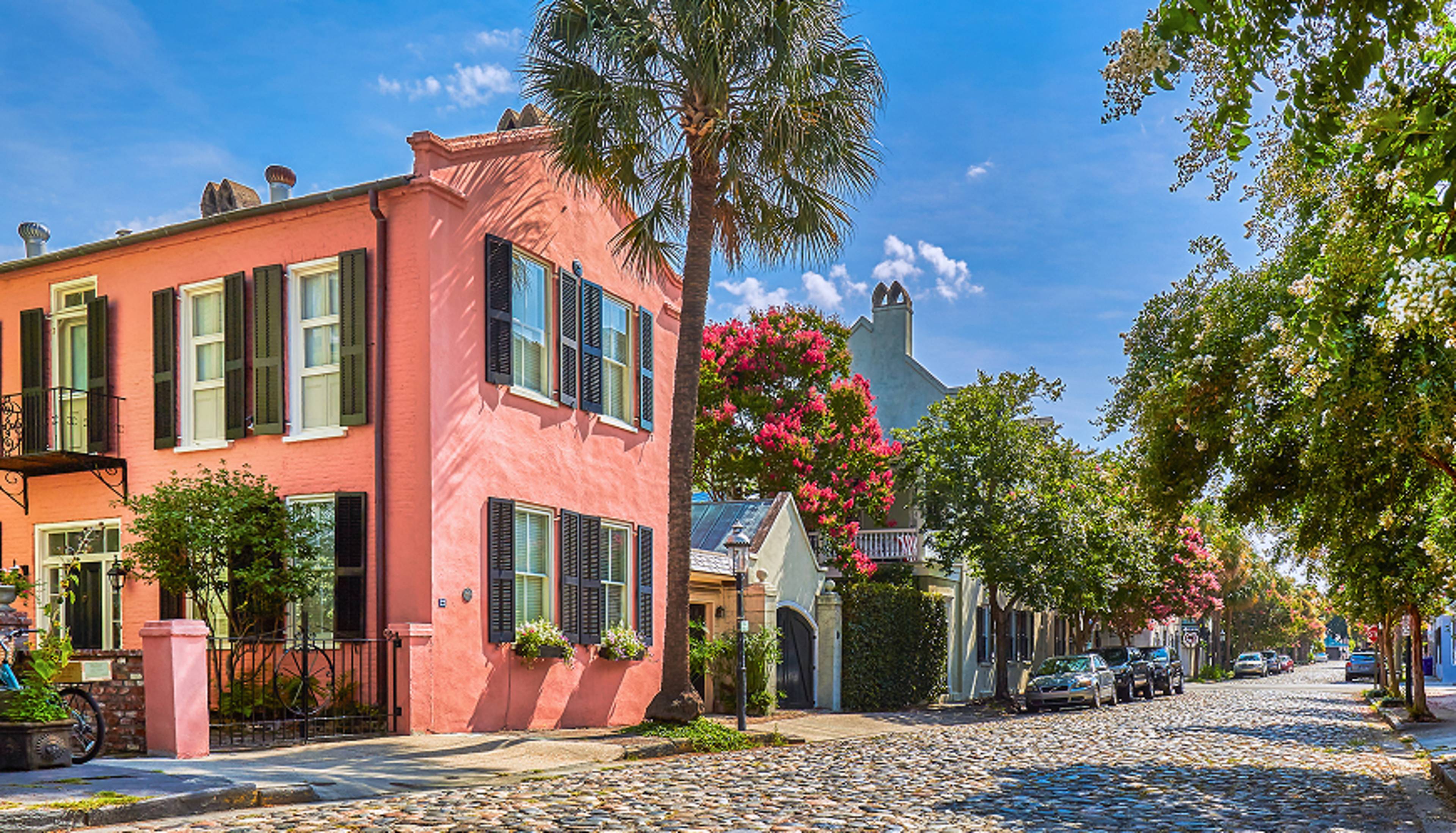 Homes along the side of a cobblestone road.