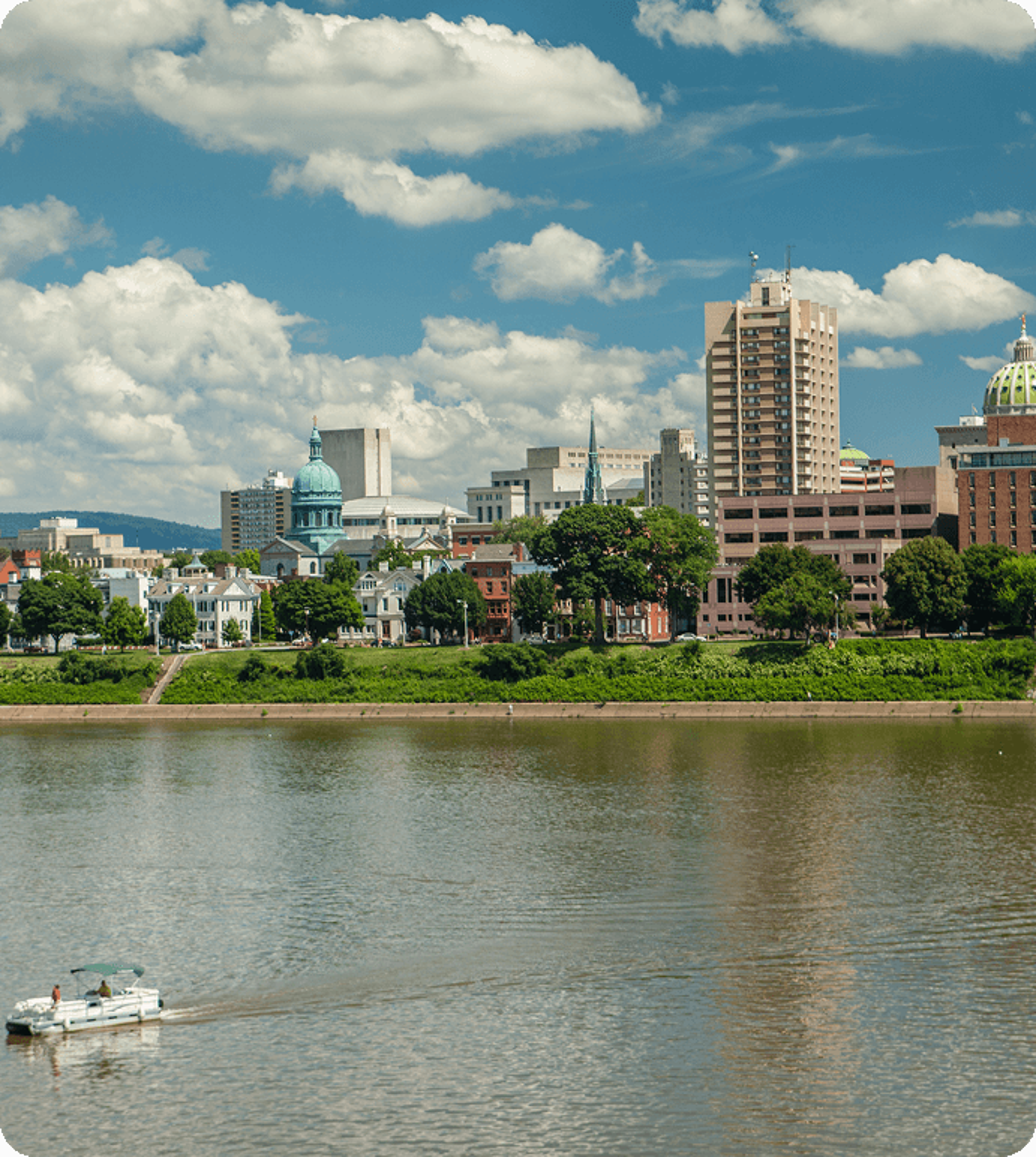 Pennsylvania background image, water and buildings behind.