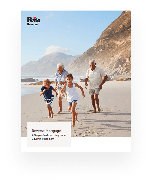 Grandparents walking on the beach with their grandchildren with a sign that says "Reverse Mortgage: a simple guide to using home equity in retirement.