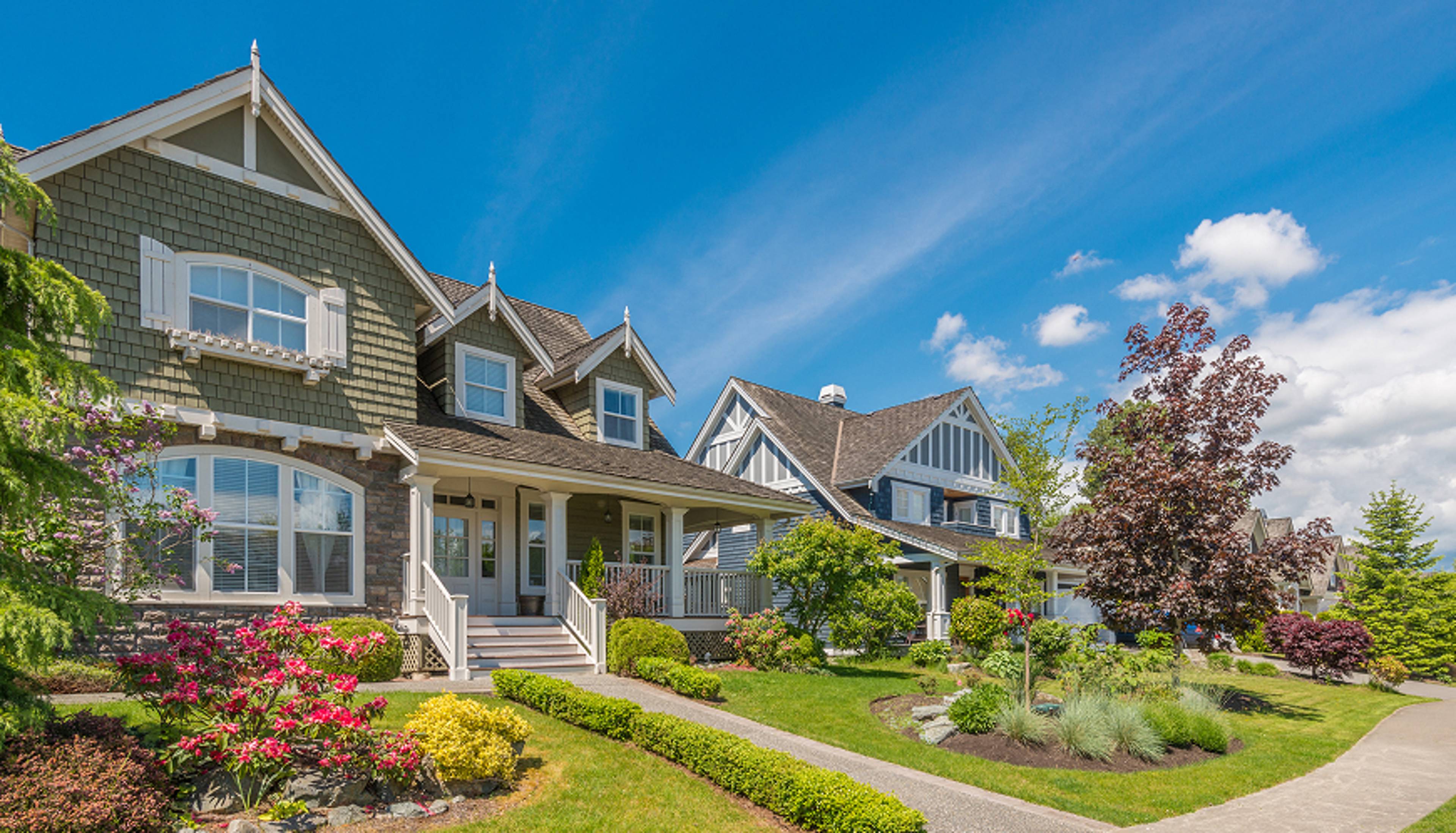 Two homes side by side with shrubbery