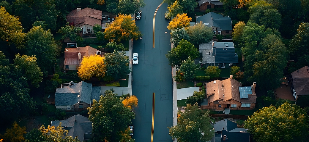 Above view of a street in a neighborhood.